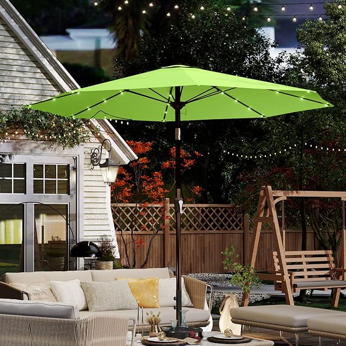 10FT Solar Umbrella 32 LED Lighted Patio Umbrella Table Market Umbrella w/Tilt and Crank, UV-Resistant Outdoor Umbrella for Pool, Garden, Deck, Apple Green