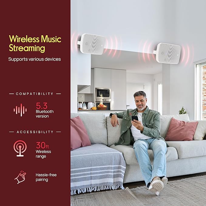 Pyle Outdoor Bluetooth Wireless Speaker System-2-way Active/Passive Pair - 6.5in, 800Watt Peak Power,Weatherproof,Wall/Ceiling Mounted Speakers w/ Metal Grill, Universal Mount, Indoor/Outdoor-White