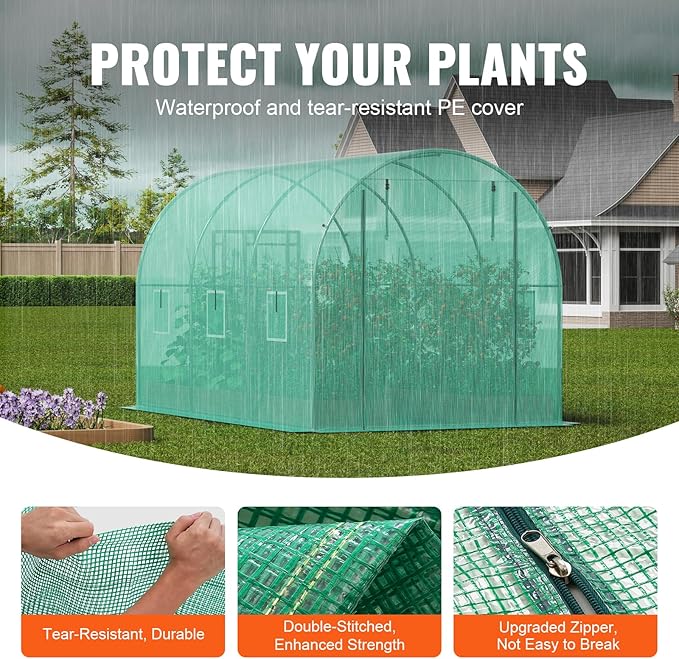 VEVOR Walk-in Tunnel Greenhouse, 9.6x6.4x6.2 ft Hoop House Greenhouse Tunnel, Plant Hot House with Galvanized Steel Frame, Green PE Cover, Roll-up Zipper Door and 6 Windows for Outdoor