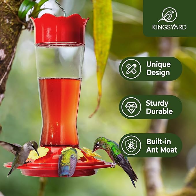 Kingsyard 2 Pack Glass Hummingbird Feeder for Outdoors Hanging - 6 Bee Guard Feeding Ports & Built-in Ant Moat, Wild Bird Feeder for Outside Garden Yard Patio 14 Oz, Updated Red