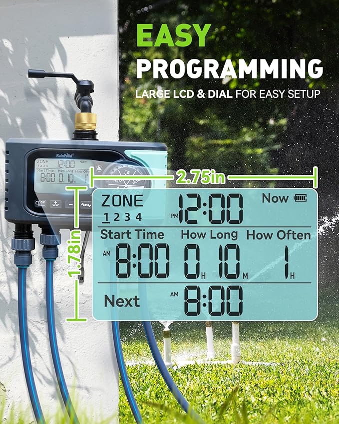 RAINPOINT Sprinkler Timer, 4 Outlets Hose Timer with Brass Inlet with Rain Delay/Manual/Automatic Controller System, Programmable Digital for Lawn Yard, 4 Zone