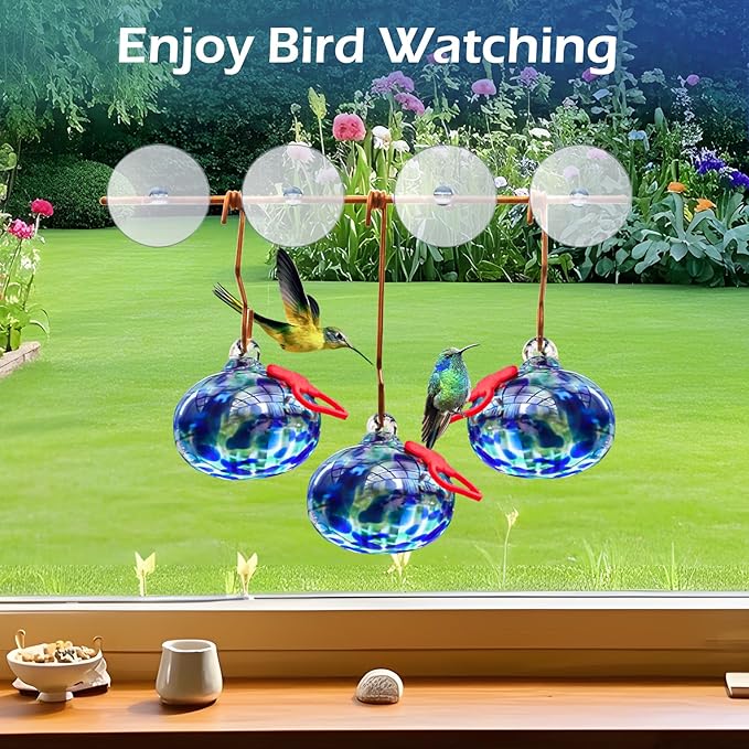 Window Hummingbird Feeder with Suction Cups,Hand-Blown Glass Hummingbird Feeders for Outdoors Window Mounted with Metal Hook,Close Bird Watching,Finch in Garden,Yard(Dotted Blue)