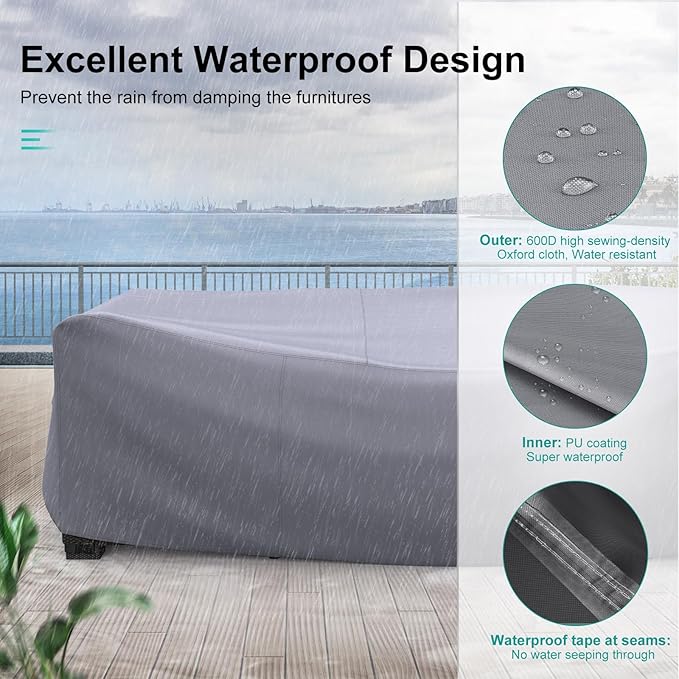 Patio Furniture Set Cover Waterproof, Heavy Duty 600D Funiture Covers for Outdoor Sectional Sofa Set Wicker Rattan Table Chair Rectangular,128" L×83" W×28" H,Grey