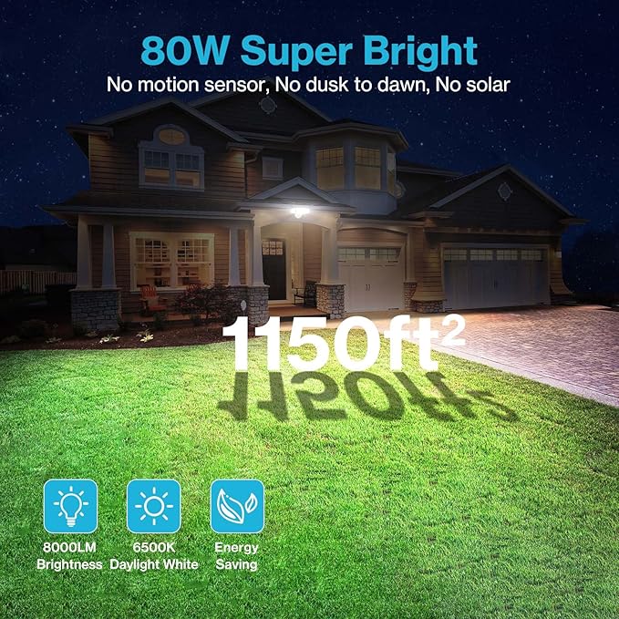 Olafus 80W Flood Lights Outdoor, Switch Controlled 8000LM LED Security Lights, IP65 Waterproof Outside Floodlights, 6500K Exterior Flood Light Fixture Wired for House Yard Porch Eave White