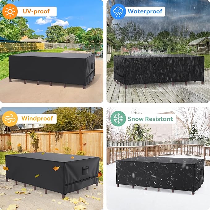 Patio Furniture Covers, Gorpche Outdoor Furniture Covers Waterproof, Tear-Resistant Patio Table and Chair Set Cover with Upgraded Fastener Windproof Buckle Straps, Heavy Duty, 90"L× 62"W×28"H, Black