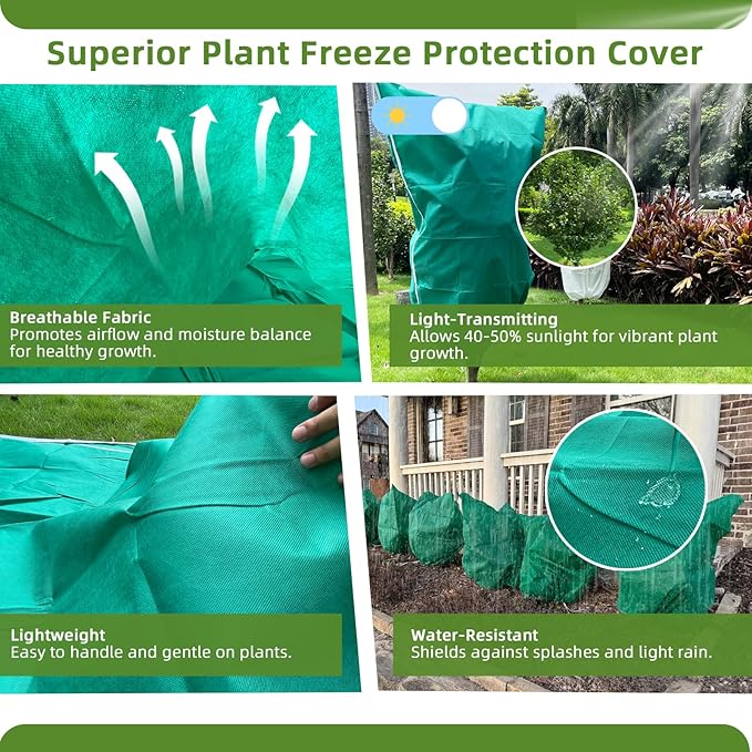 2 Pack Plant Covers Freeze Protection, 75"W x 90"H Winter Frost Blanket 2.36 oz/yd² Fabric Frost Cloth Tree Covers Shrub Jacket Bag with Zipper & Drawstring for Plants Fruit Tree Shrub Potted - Green