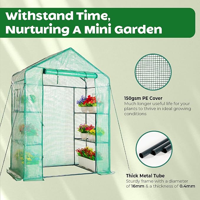 IDZO Walk in Greenhouse, Outdoor Greenhouse with Durable PE Cover & Sturdy Steel Frame for All Seasons, Convenient Rollable Door, Anchor & Rope Included for More Stable Stand, Easy to Install