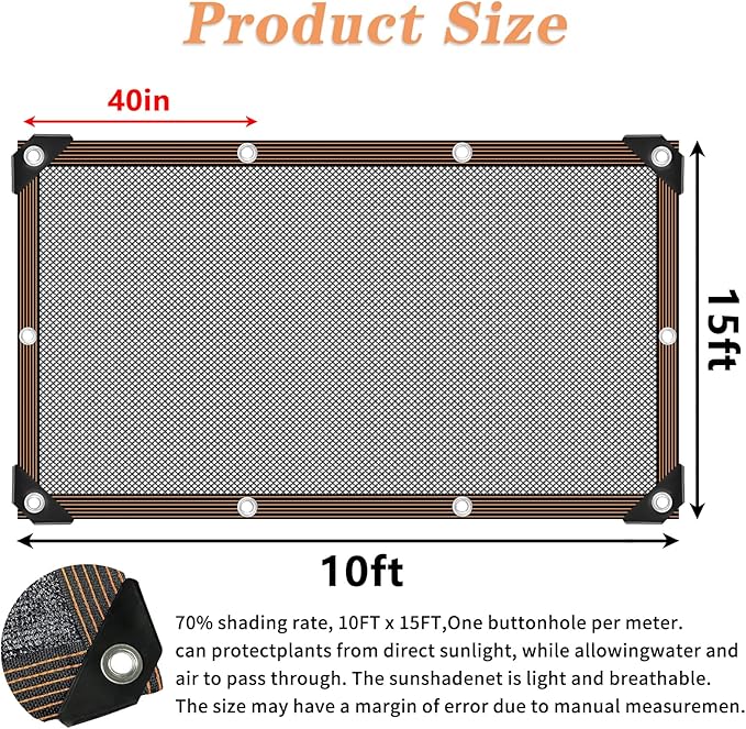 QLOFEI 60-70% Shade Cloth with Grommets, Sunblock Shade Sail Mesh Tarp for Plant Greenhouse, Easy to Hang Shade Cloth for Patio Kennel Chicken Coop Lawn Garden Shade Neting Cover, 10x15 FT