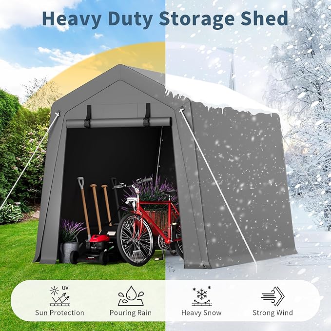 Garvee 6'x8' Outdoor Portable Storage Shed, Waterproof & UV-Resistant Garage Shelter with 2 Roll-Up Zipper Doors, Anti-Snow Carport Tent for Motorcycle, Bike, and Outdoor Equipment, Gray