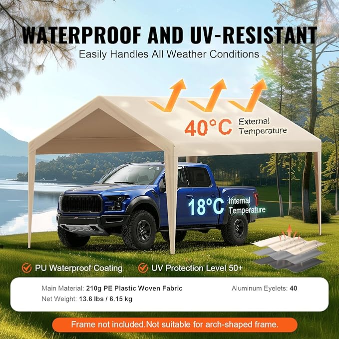 VEVOR Carport Replacement Canopy Cover 10 x 20 ft, Garage Top Tent Shelter Tarp Heavy-Duty Waterproof & UV Protected, Easy Installation with Ball Bungees,Beige (Only Top Cover, Frame Not Include)