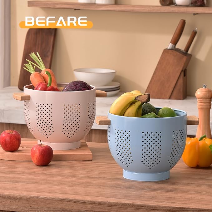 Metal Colander with Wood Handle and Stable Base, Powder Coated Steel Kitchen Strainer Basket for Draining Pasta, Vegetable and fruit(5.5quart,Blue)