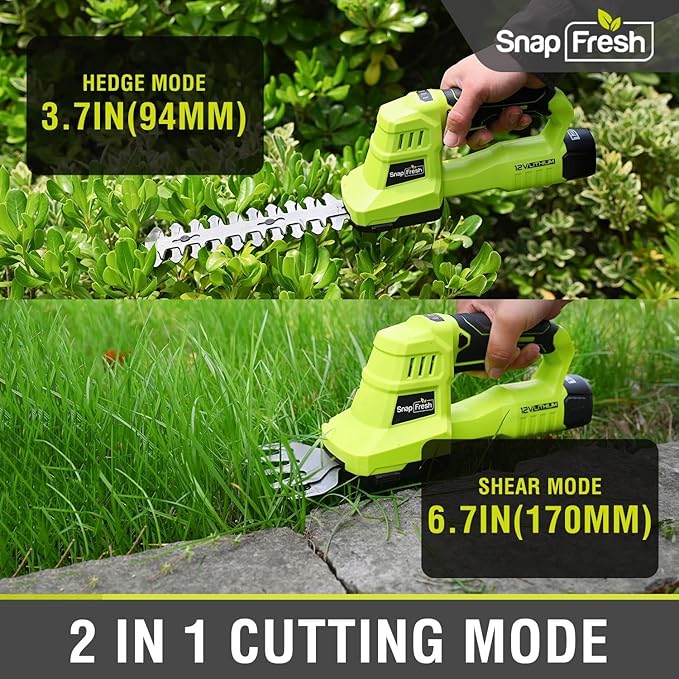SnapFresh 12V Cordless Grass Shears, 2 in 1 Hedge Trimmer/Grass Cutter with 2.0Ah Battery & Charger Included, Lightweight Electric Shrubbery Trimmer Garden Tools for Lawn