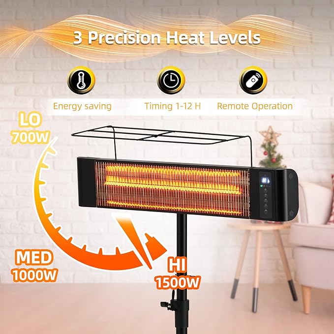 Outdoor Electric Heater For Patio/Indoor Use RealSmart 1500W Portable Heaters 3 Heat Modes Wall Mounted Ceiling Heater Tripod Waterproof IP65 TUV Certification for Restaurant Garage Greenhouse