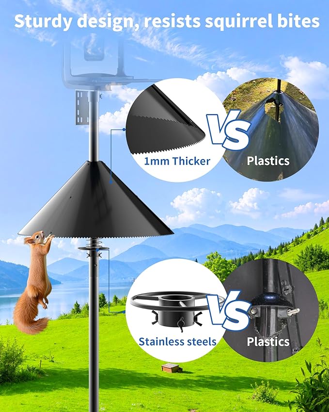 Squirrel Baffle for Bird Feeder Pole - Bird Feeder Baffle with Steel Spring Motion for Better Defense, Polycarbonate Extra-Thick Squirrel Guard for Outside Pole Mount, 19 Inch, Metal Buckle