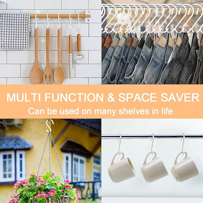 24 Pack 3 Inch S Hooks for Hanging Plants, Small Heavy Duty Vinyl Coated Non Slip White Hooks, Pot Rack Closet Hooks for Clothes, Kitchen Utensils, Pots, Pans, Bags