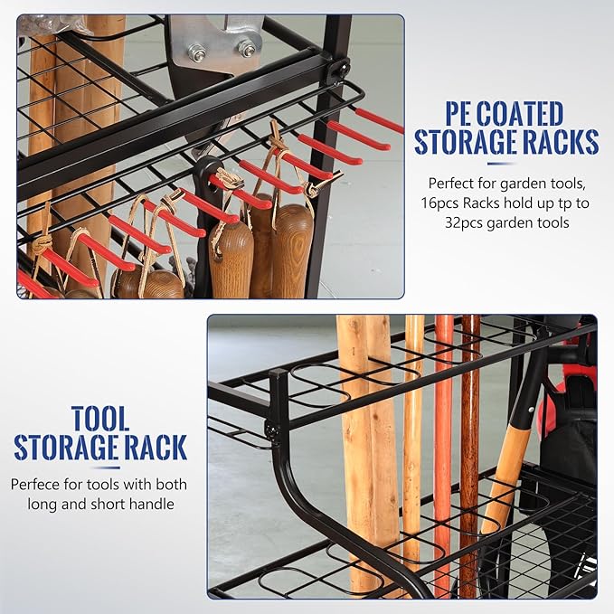 Mythinglogic Garden Tool Organizer for Garage, Yard Tool Rack with Wheels, Garage Organizers and Storage Holder for Yard Tools (Deluxe Tower)