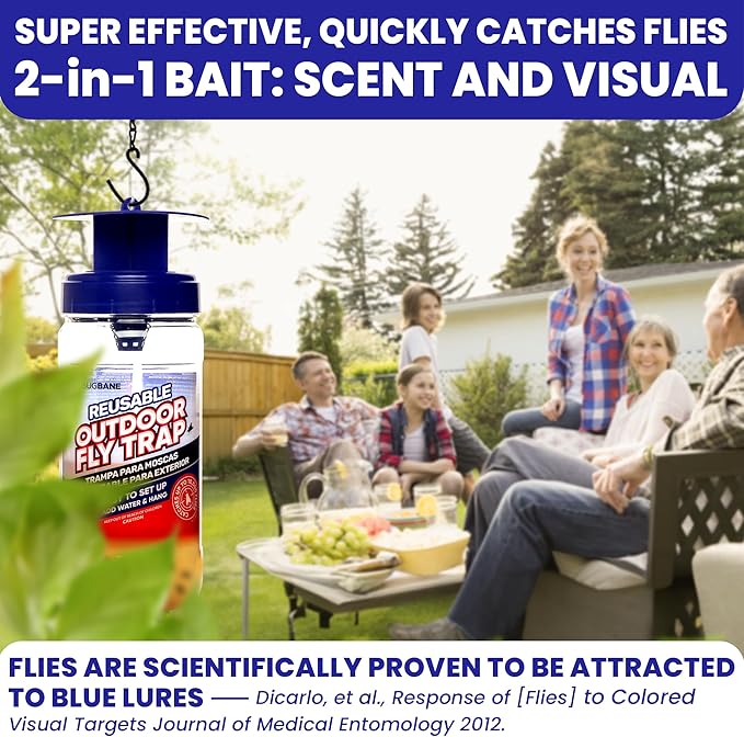 2 Fly Traps Outdoor Fly Trap for Patio with 4 Non-Toxic Dissolvable Bait Refills. Reusable Hanging Bug Catcher Killer for All Filth Flies for Outside Bug Control Yard Ranch. Hanging Chains Included