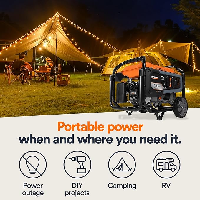 Generac 4,500/3,600-Watt Portable Gas Generator - Electric Start - Home Backup or RV Ready - Heavy Duty Frame - Quiet, Long Runtime, Emergency Power- 49-State Compliant