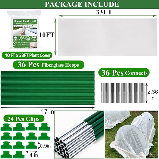 10x33FT Plant Covers Freeze Protection Kit, Garden Hoops Kit for Winter, Frost Cloths Plant Blanket Floating Row Cover for Winter Outdoor, Greenhouse Garden Hoop for Raised Bed Snow Protection