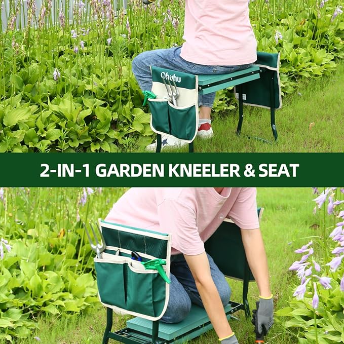 Ohuhu Garden Kneeler and Seat Heavy Duty, Upgraded Gardening Stool with Thicker and Wider EVA Foam Kneeling Pad Foldable Garden Bench with 2 Large Tools Pouches, Ideal Gardening Gifts for Women Men