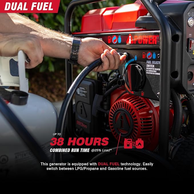 A-iPower 5000-Watt Portable Generator Gas & Propane, CO Sensor Shutdown, Heavy Duty Generators with 223cc OHV Engine For Jobsite, RV, Home Backup, Emergency (GXS5000D)