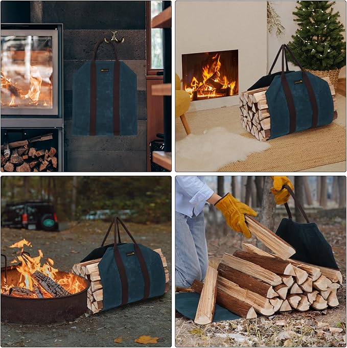 Sturdy Waxed Canvas Firewood Log Carrier, Durable Firepalce Wood Bag with Reinforce Duty Straps, BlueGreen