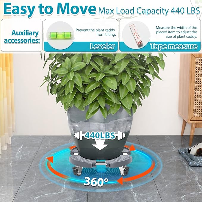 VANCASTLE Plant Caddy Plant Stand with Wheels, Heavy Duty Plant Roller Base 15-22 Inch Adjustable，Palnt Wheel Base 440 LBS, Large Potted Planter Cart Dolly for Flower Mover, Gray, 2 Pack