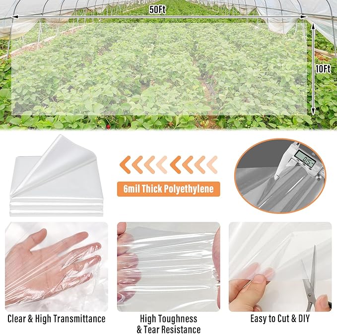 Legigo 10 X 50 Ft Clear Plastic Plant Covers Freeze Protection- 6 Mil Winter Greenhouse Plastic Sheeting for Frost Water Sun Wind Resistant, Plant Vegetable Blanket Covers for Cold Weather Garden Farm