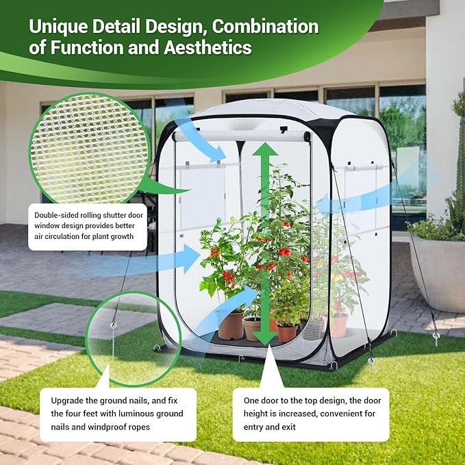 Ohuhu Pop Up House - Fast Set-up Small Greenhouse Walk in Portable Greenhouses Indoor Outdoor with Removable PE Mat & Mesh Window for Protecting Plant from Cold Frost & Birds 48 x 48 x 63.7''
