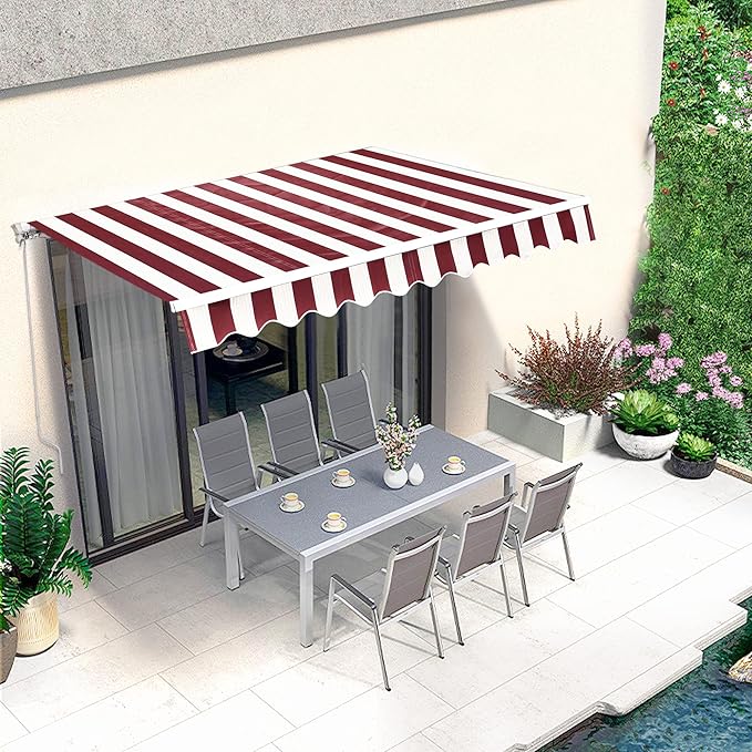 MCombo 11.5x9.5 Feet Manual Retractable Patio Door Window Awning Sunshade Shelter Outdoor Canopy,1210 (Brick Red with Beige Stripes, 11.5'(L) x 9.5'(W))