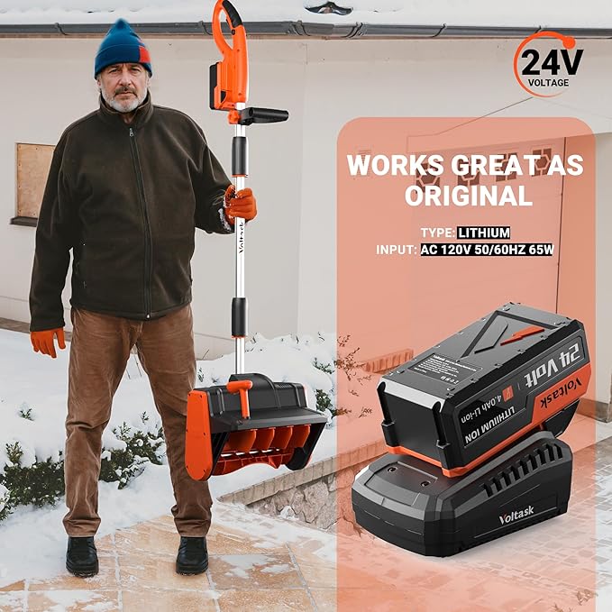 VOLTASK 24V 4.0-Ah Lithium iON Battery + 2.2A Rapid Charger for Cordless Snow Shovel and Cordless Snow Blower