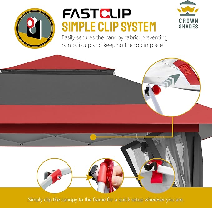 CROWN SHADES 13x13 Pop Up Gazebo, Canopy Tent, Gazebos on Clearance - Outdoor Gazebo for Backyard & Patio Furniture - Carpa Pop Up Tent with Wheeled STO-N-Go Cover Bag (Red & Grey)