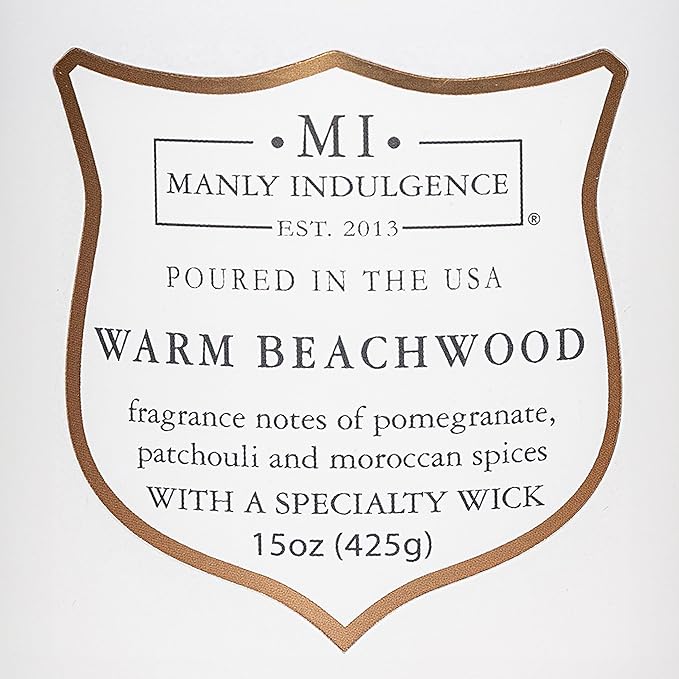 Manly Indulgence Warm Beachwood Scented Candles for Men, 15 oz Wooden Wick, Premium Soy Blend Wax, 60H Burn, Candles for Home Scented - Made in The USA