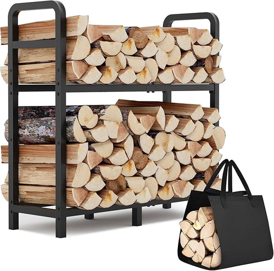 2-Tier Large Firewood Rack Outdoor Indoor with Log Carrier Bag, 30" Stable Log Holder Rustproof Metal Wood Rack for Fireplace Patio Deck Firepit, Heavy Duty Firewood Storage Organizer Tool