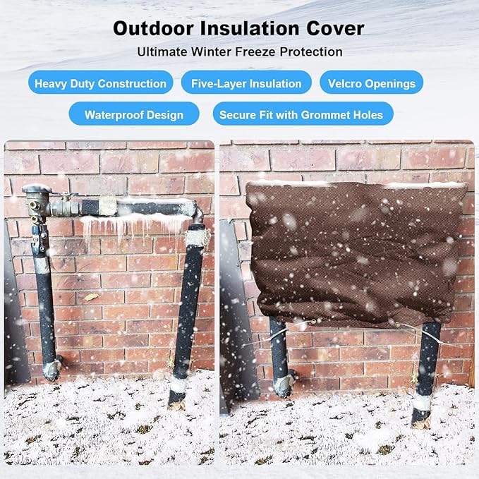 Outdoor Pipe Insulation Cover, Waterproof Backflow Preventer Cover for Winter Freeze Protection, Heavy-Duty 5-Layer Fabric Insulated Wrap for Sprinklers and Valves 30W x 24H inches - Brown