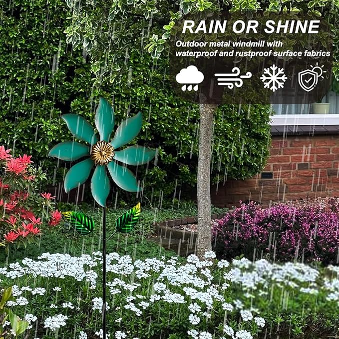 Metal Wind Spinners for Outdoor Decor - 35inch Tall Kinetic Wind Sculptures with 10inch Diameter, Durable Yard Art for Garden, Patio, Lawn - Weather-Resistant Garden Pinwheels in Vibrant Cyan