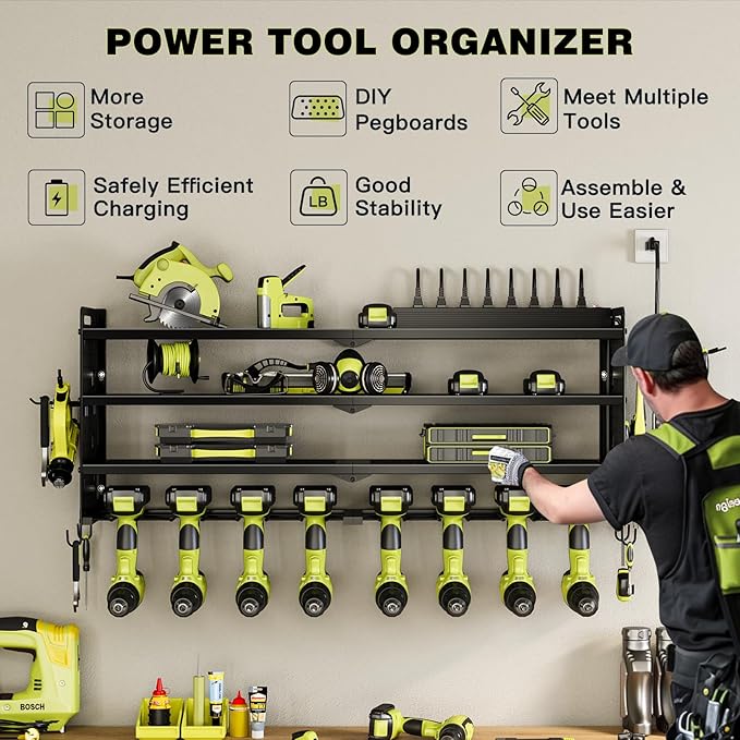 Power Tool Organizer Wall Mount with Charging Station,Cordless Tool Organizer 8 Drill Holder, 4 Layer Storage Rack for Garage Organization,Tool Holder with 8 Outlet Power Strip (Black)