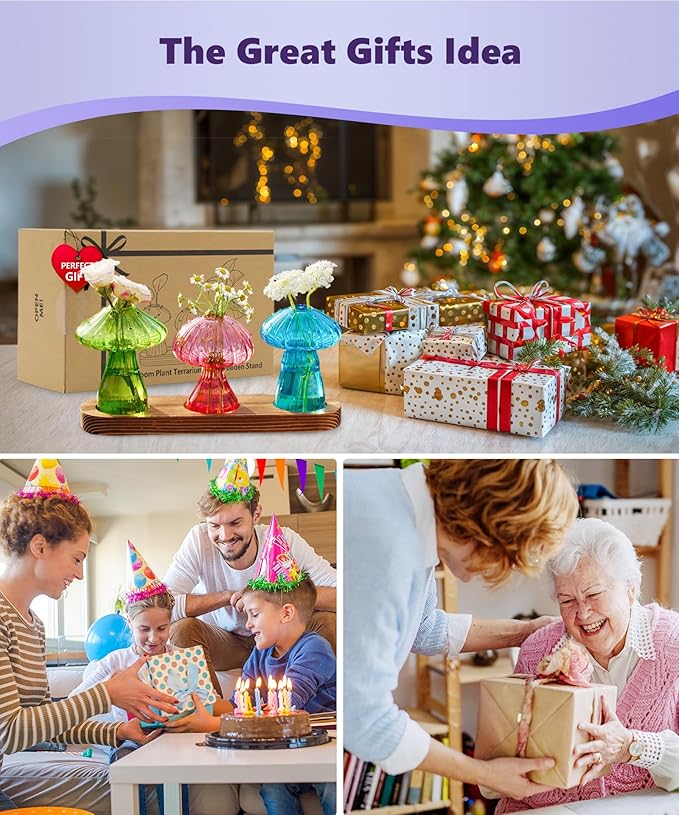 Nacome Mushroom Glass Propagation Station for Plants: Set of 3 Colored Vases Terrarium Kit for Home Office Indoor Hydroponics Decor - Birthday Gifts for Women Mom Grandma