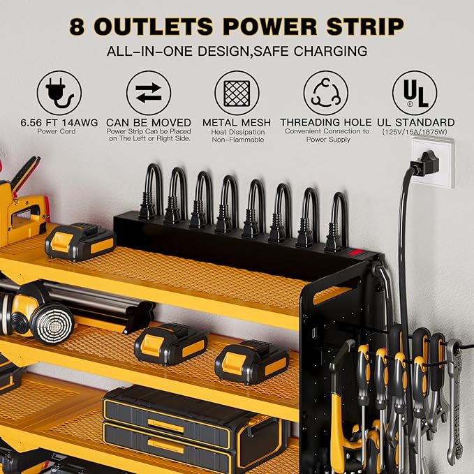 Power Tool Organizer Wall Mount with Charging Station, 8 Drill Holder, 4 Layer Storage Rack for Garage Organization, Tool Holder with 8 Outlet Power Strip (Yellow)