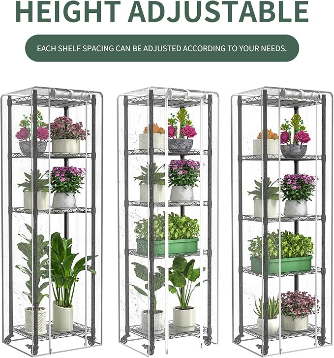 Mini 5-Tier Greenhouse for Indoor Outdoor, 15.7" L×11.8" W×62.3" H Portable Greenhouse with Clear PVC Cover and Metal Shelf for Growing Vegetables, Flowers and Seedlings, with Wheels