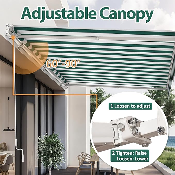 MCombo 11.5x9.5 Feet Manual Retractable Patio Door Window Awning Sunshade Shelter Outdoor Canopy, 1210 (Green with White Stripes, 11.5'(L) x 9.5'(W))