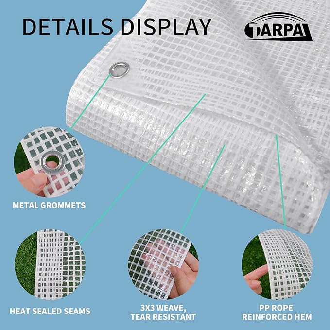 TARPAL 20'x30' Clear White Tarp Heavy Duty Waterproof 12mil with Grommets or Zip Ties for Large Greenhouses for Outdoors Garden,Farm,Chicken Coops