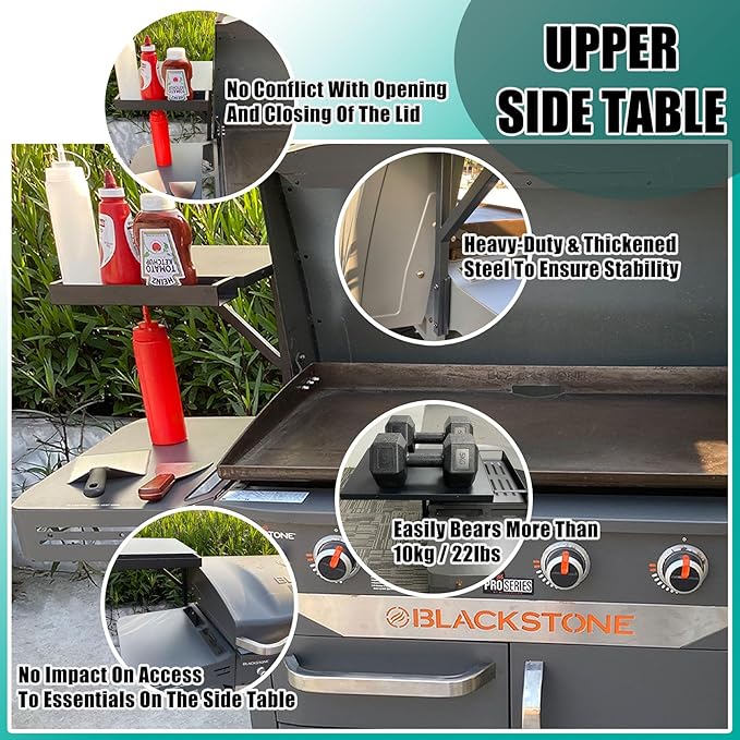 Upper Side Shelf with Griddle Caddy for 36″/28″/28XL Blackstone Griddles, Large Griddle Side Table with Bottle Holder for Easy Access, Blackstone Grill Accessories, Black (1 Pack)