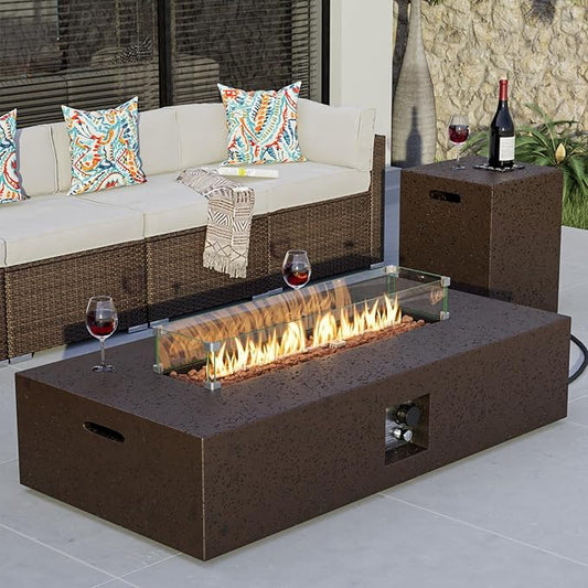 COSIEST 56 x 28 inch Outdoor Propane Fire Pit Coffee Table w Concrete Rectangle Base, CSA Certified, 50,000 BTU, Free Lava Rocks and RainCover, Fits 20lb Tank Outside, Wind Guard, Tank Cover, Brown
