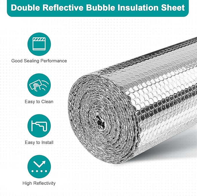 Reflective Insulation Roll 59 in X 9.8 FT, Window Insulation for Summer Heat, Double Side Aluminum Foil Bubble Shield for Windows, Roof, Garage Door