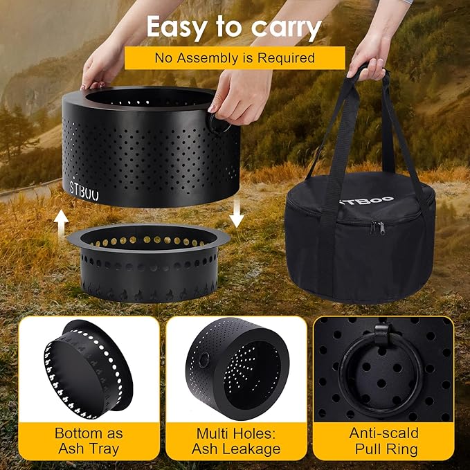 STBoo 13 Inch Smokeless Fire Pits for Outside with Portable Carrying Storage Bag, Smokeless Camping Stove, Low Smoke Outdoor Fireplace for Bonfire Picnic Backyard Cooking on Beach, Black, S