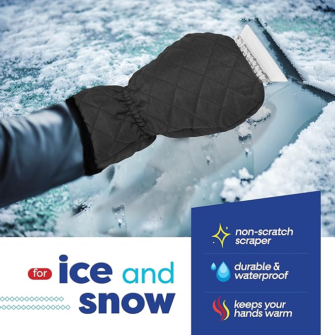 SCRUBIT Ice Scraper with Glove [2 Pack] - Car Windshield Scraper for Ice and Snow w/Fleece Mitt - Quickly Scrape and Remove Snow While Staying Warm - Waterproof - Car Scraper Snow Brush (Black)
