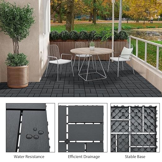 27 PCS 12x12 Inch Interlocking Deck Tiles - Waterproof All-Weather Outdoor Patio Flooring for Pool, Balcony, Backyard, Porch & Garden, Dark Grey