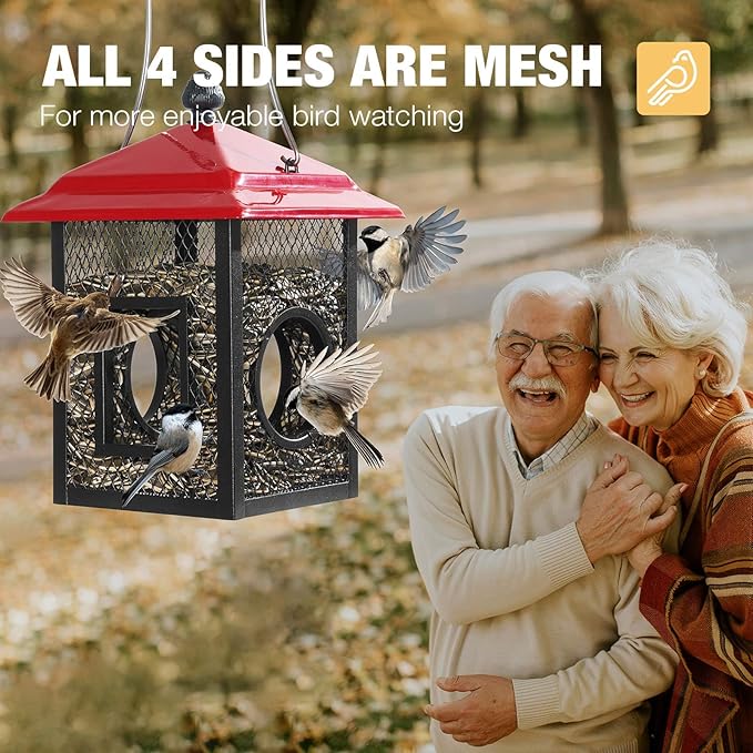 Veehoo Metal Bird Feeder for Outdoors Hanging, Fly Through Wild Birdfeeder Outside, Finch Cardinal Chickadee Feeders for Peanut Sunflower Seed, Red