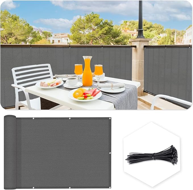SUNLAX 3'x10' Dark Grey Balcony Privacy Screen Fence Windscreen Cover Fabric Shade Netting Mesh Cloth with Grommets UV Protection for Patio, Backyard, Porch, Railing Shield 90% (We Make Custom Sizes)